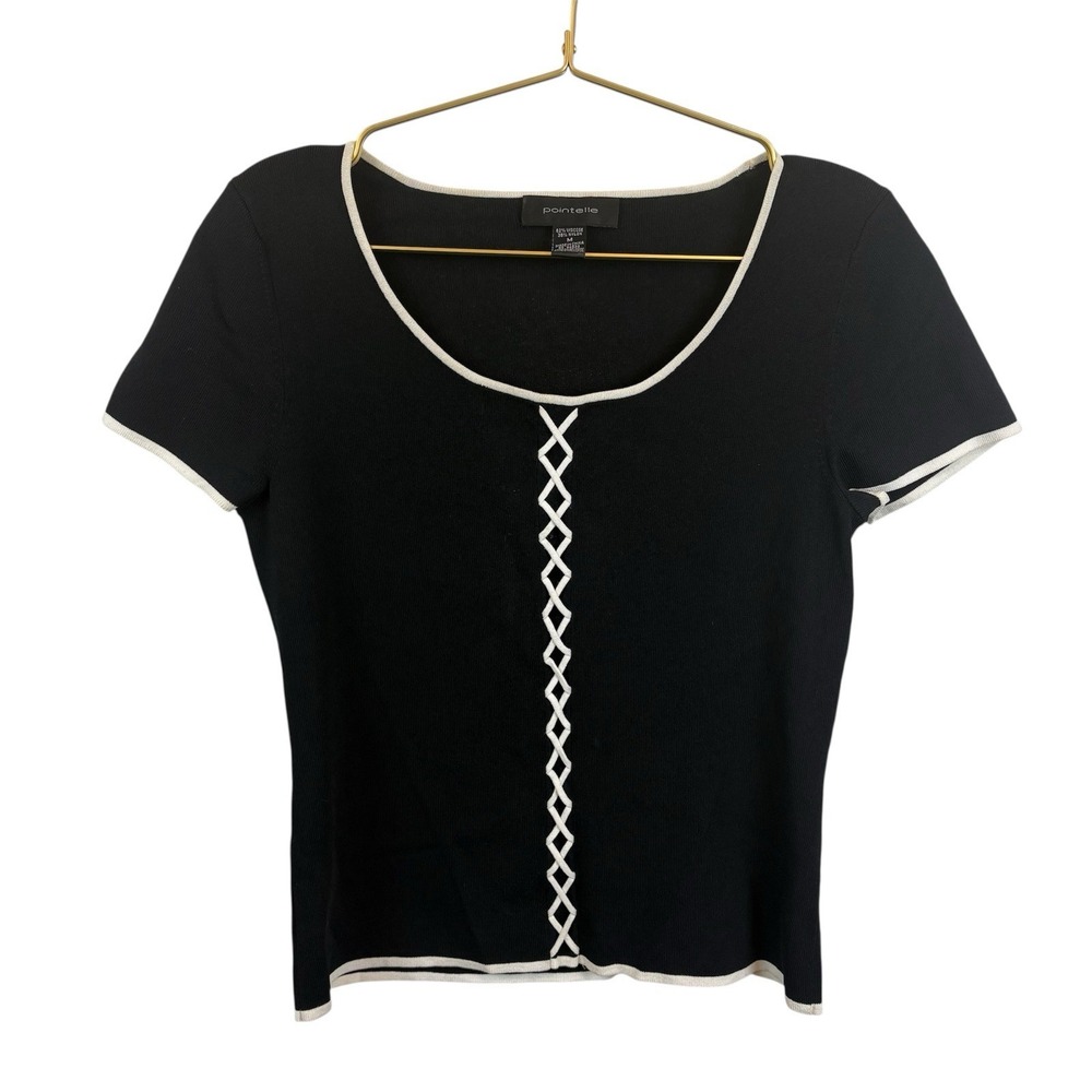 Pointelle 90's Y2K‎ Black Nylon White Cross stich Crop Top Size M